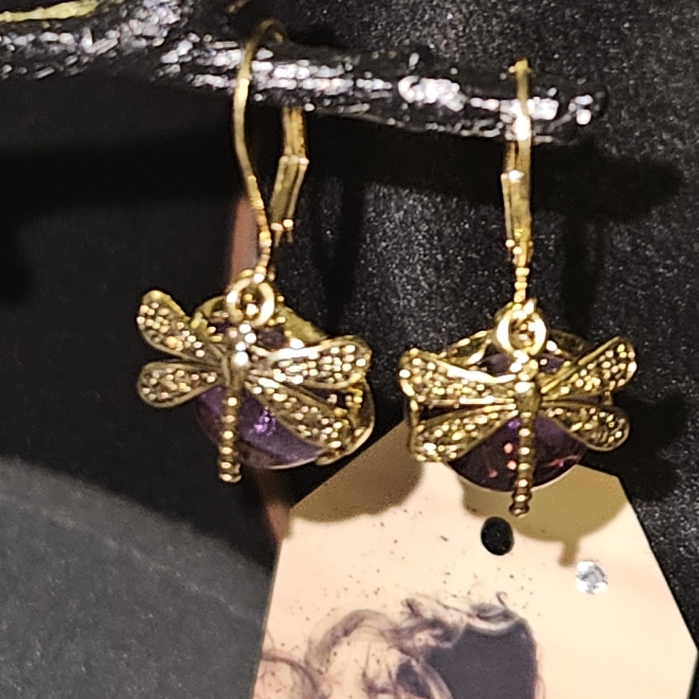 Dragonfly purple stone drop earrings